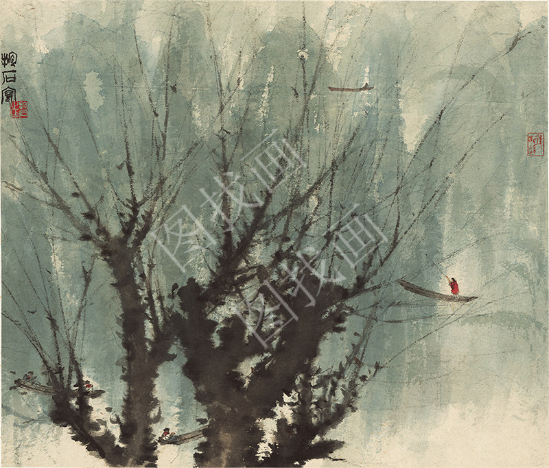 近现代 傅抱石 柳畔 40x45cm