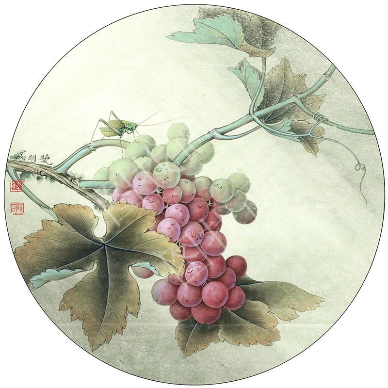 近现代 李晓明 蝈蝈葡萄 28x28cm