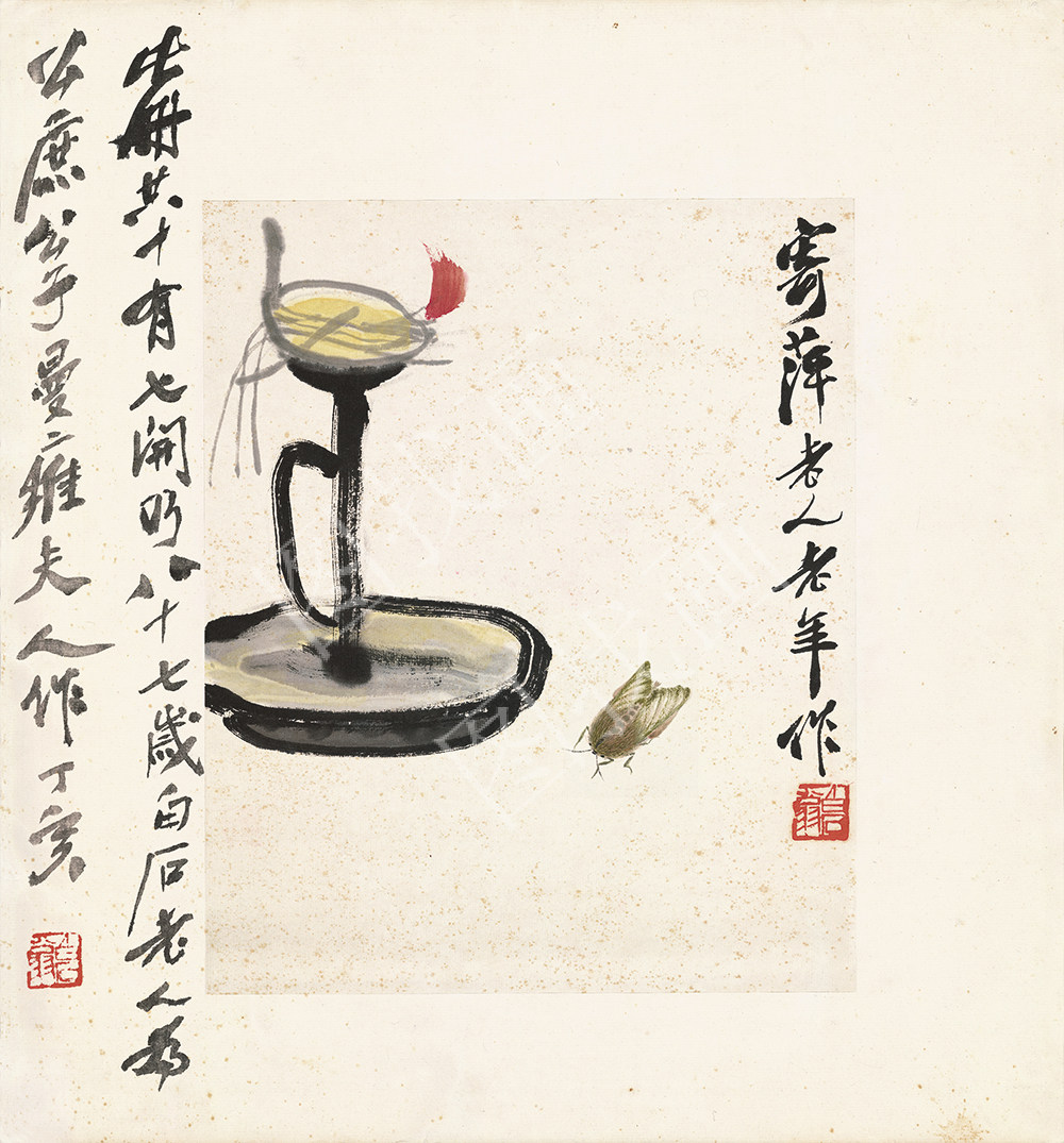 齐白石斗方 飞蛾扑火 39x42cm