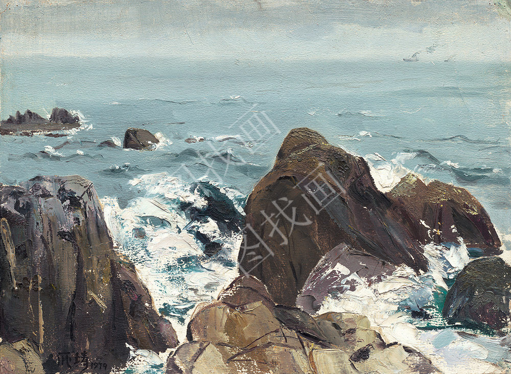 近现代 庞涛 礁石屹立 40x55cm
