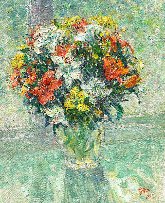 近现代-张重庆-窗前百合-40x50cm