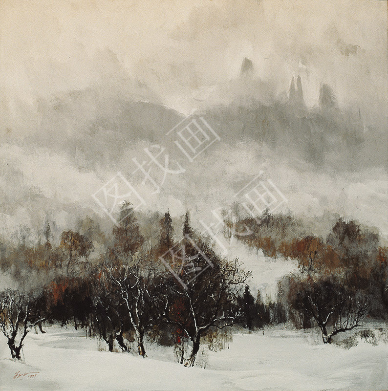 近现代-朱乃正-雪林雾峰-40x40cm